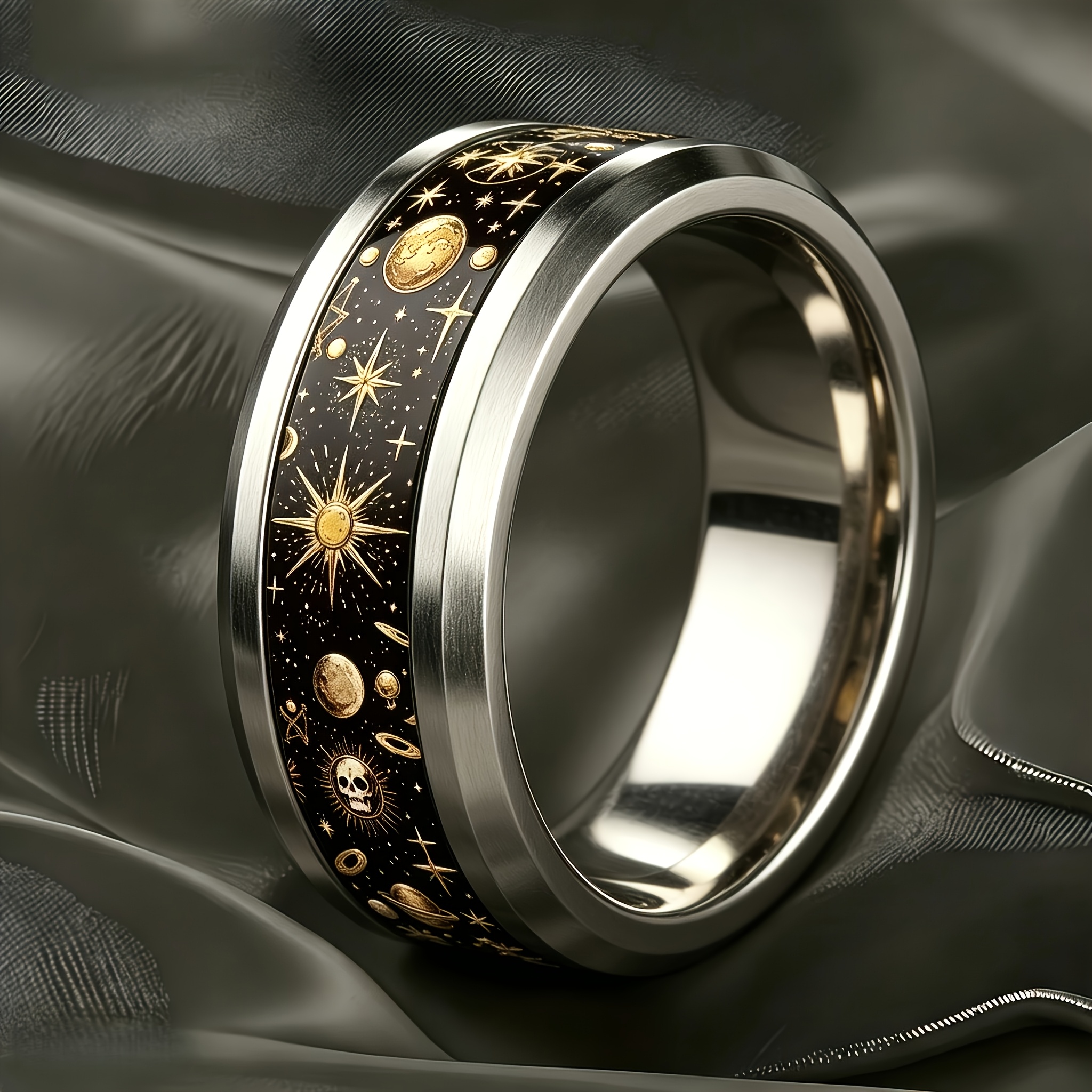 Black Golden Starry Sky Planet Skull Print Ring