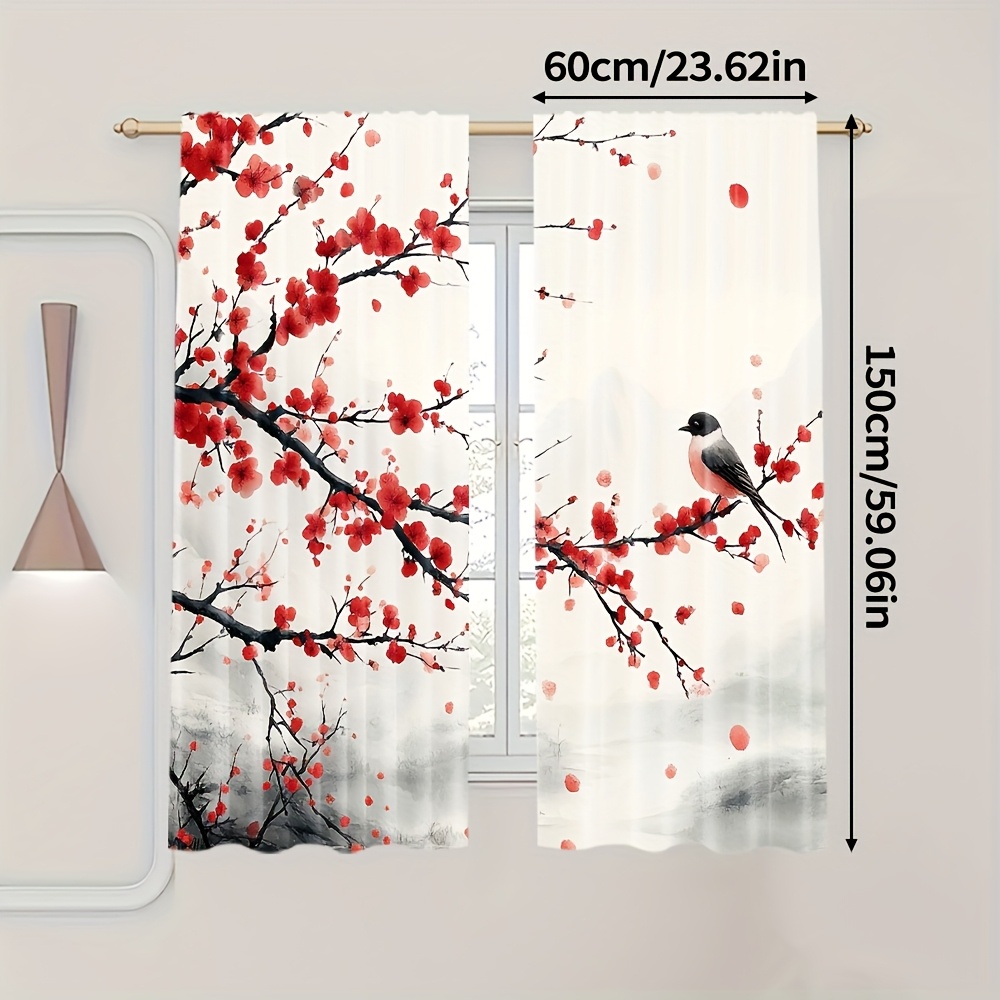 TEMU 2 Panneaux Plats 2D - Rideaux Japonais Sakura Fleur de Prunier et Oiseaux - Imprimé Asiatique Rétro, Panneaux Filtrants pour Chambres, Salons,
