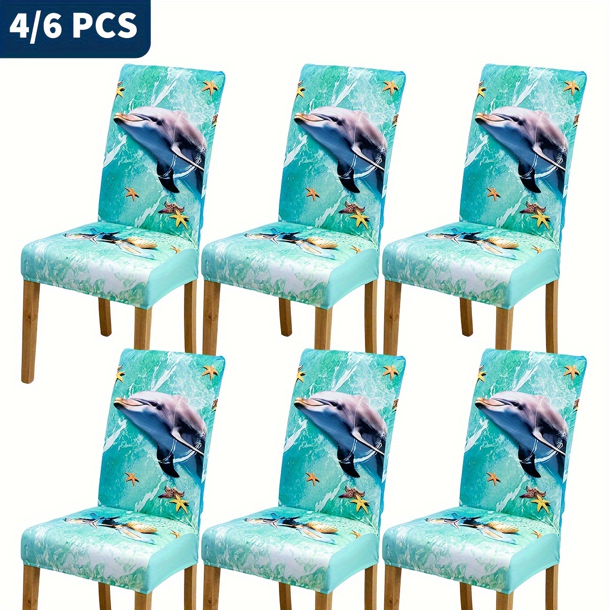 

4/6pcs Starfish Dolphin Pattern Chair Slipcovers, Dining Chair Cover, Furniture Protective Cover, For Dining Room Living Room Office Home Decor