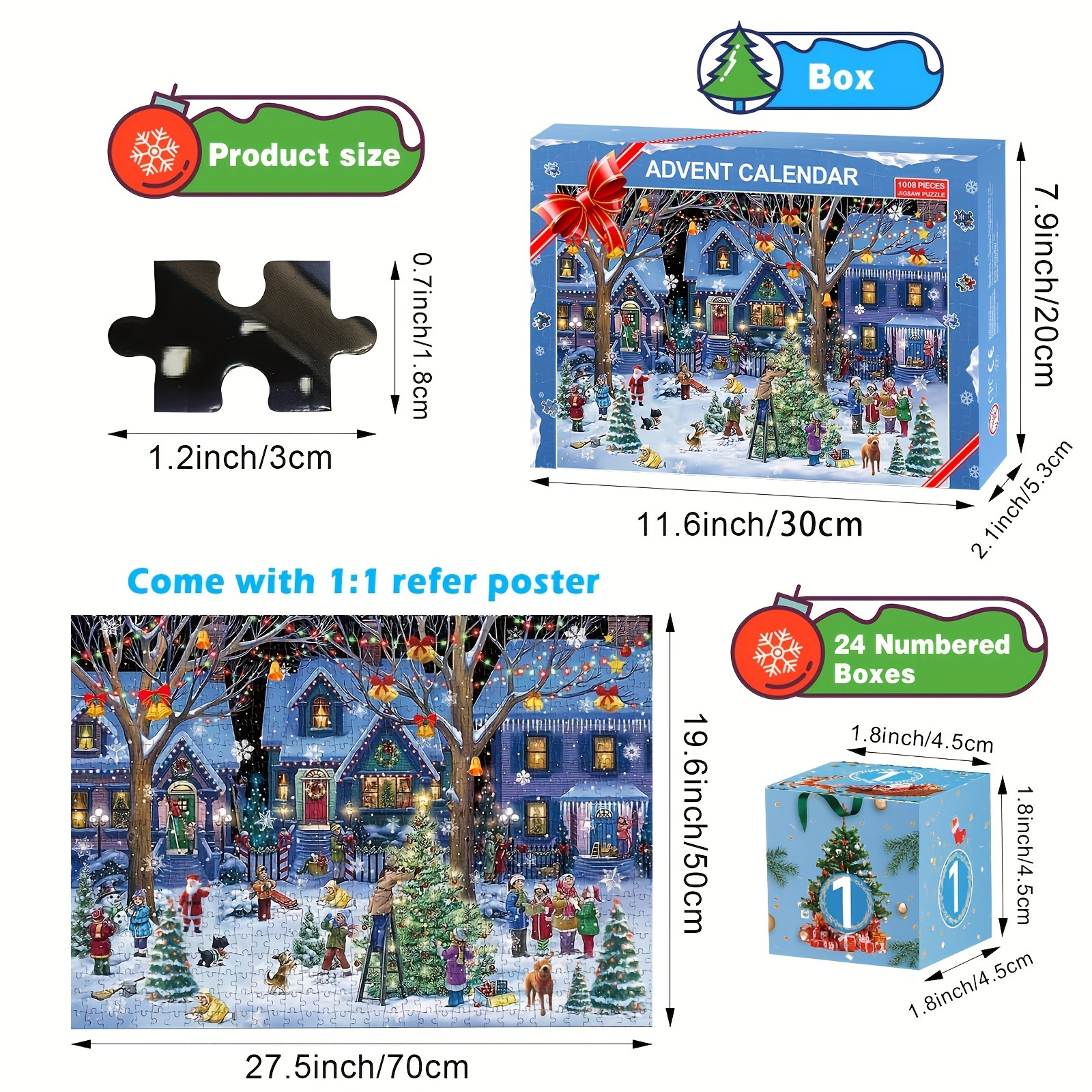 TEMU Contemporary Christmas Village Advent Calendar Puzzle - 1008 Piece Jigsaw Countdown For Adults And Kids 14+, 24-day Holiday Family Game Activity