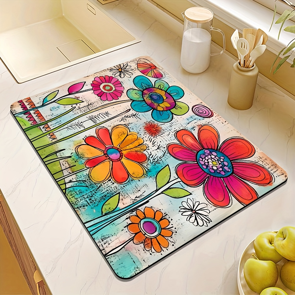 TEMU 1pc, Vibrant Floral Pattern Tableware Drying Mat/absorbent Placemat, Non-slip Rubber Bottom, Printed With Multi-colored Flowers And Plants,