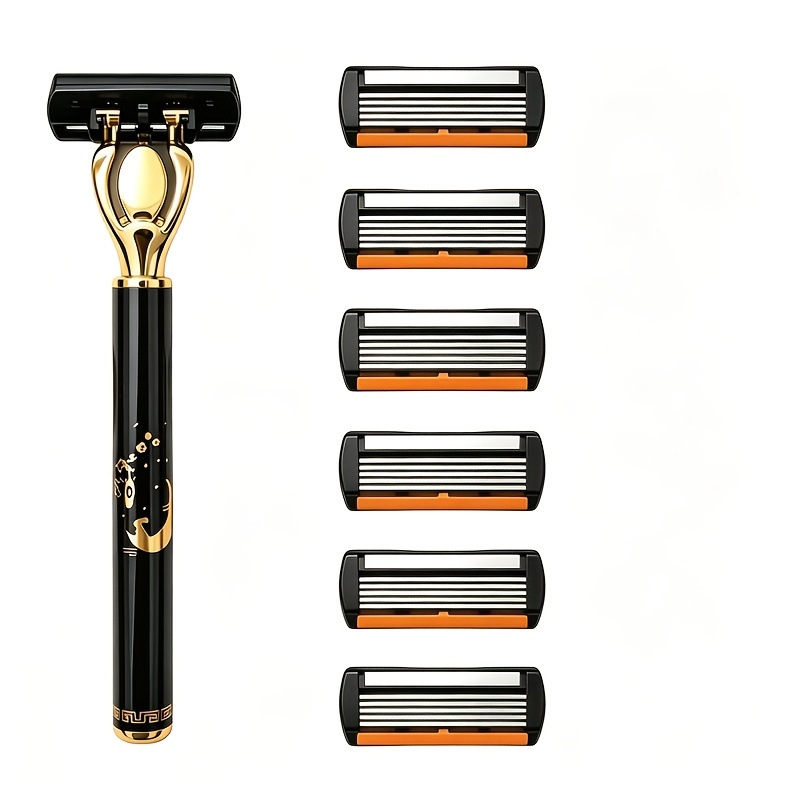 TEMU Kit de rasage sûr de haute qualité, 1 manche et 6 têtes interchangeables, avec manche en métal, design profilé, lames tranchantes, coupe facile