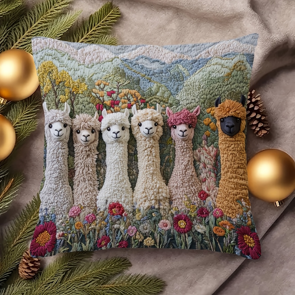 

1pc Super Soft Short Plush Pillowcase, Double-sided Alpaca Farm Embroidery Design, 18x18 Inch - Ideal For Sofa, Living Room, Bedroom Decor, Zip Closure, Machine Washable (no Pillow Insert)