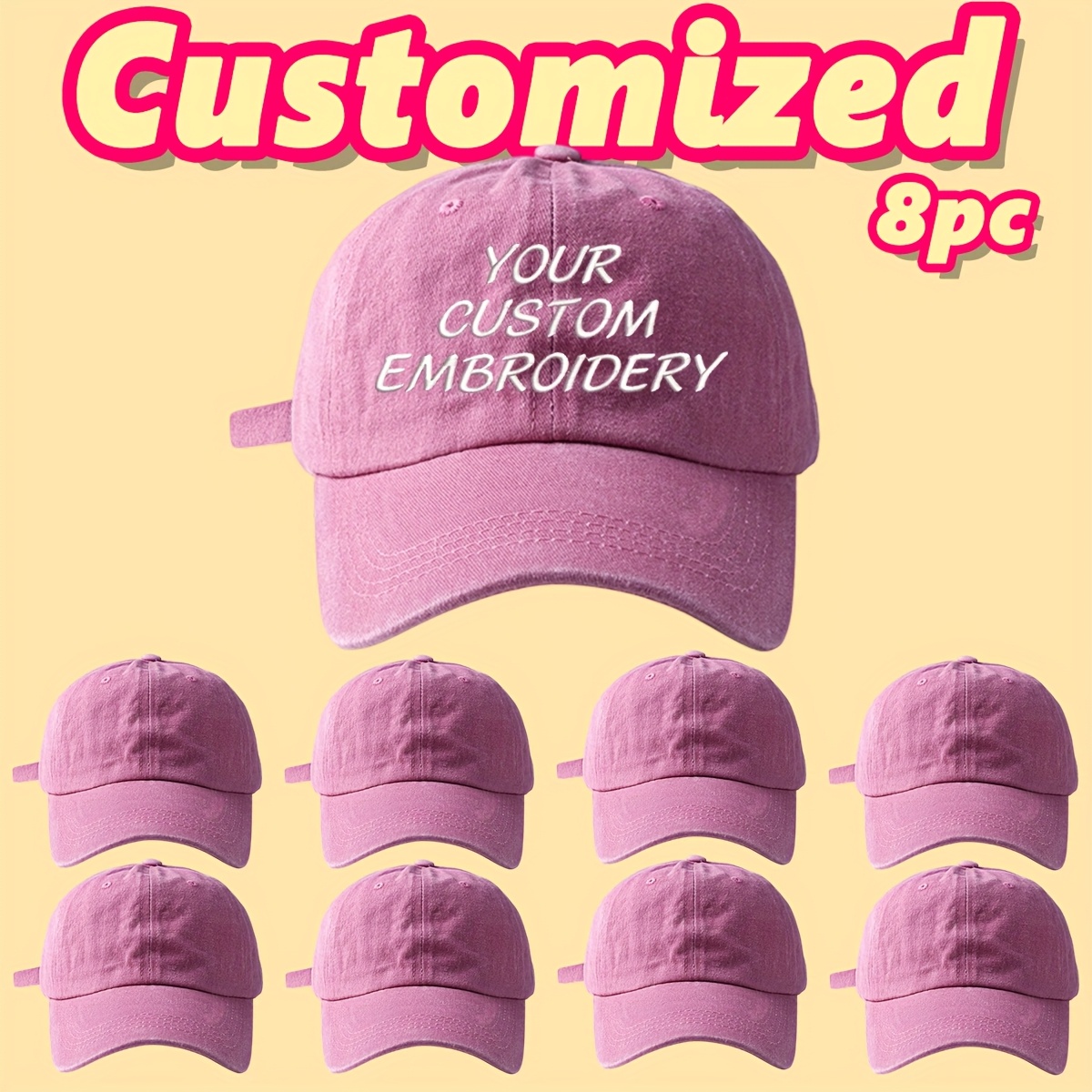 8pcs Customizable Women's Baseball Caps with Embroidered Text