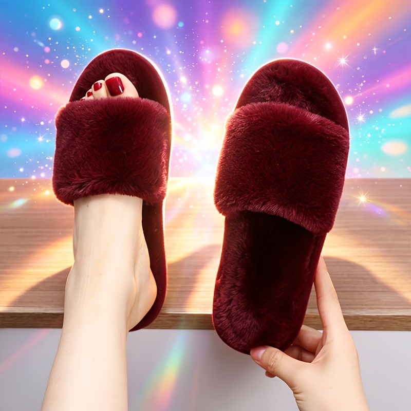 TEMU Fuzzy Slippers For Women, Autumn/winter Warm Plush Slippers, Fashionable And Plush Slippers, Solid Colors: Black, White, Red, Women Shoes