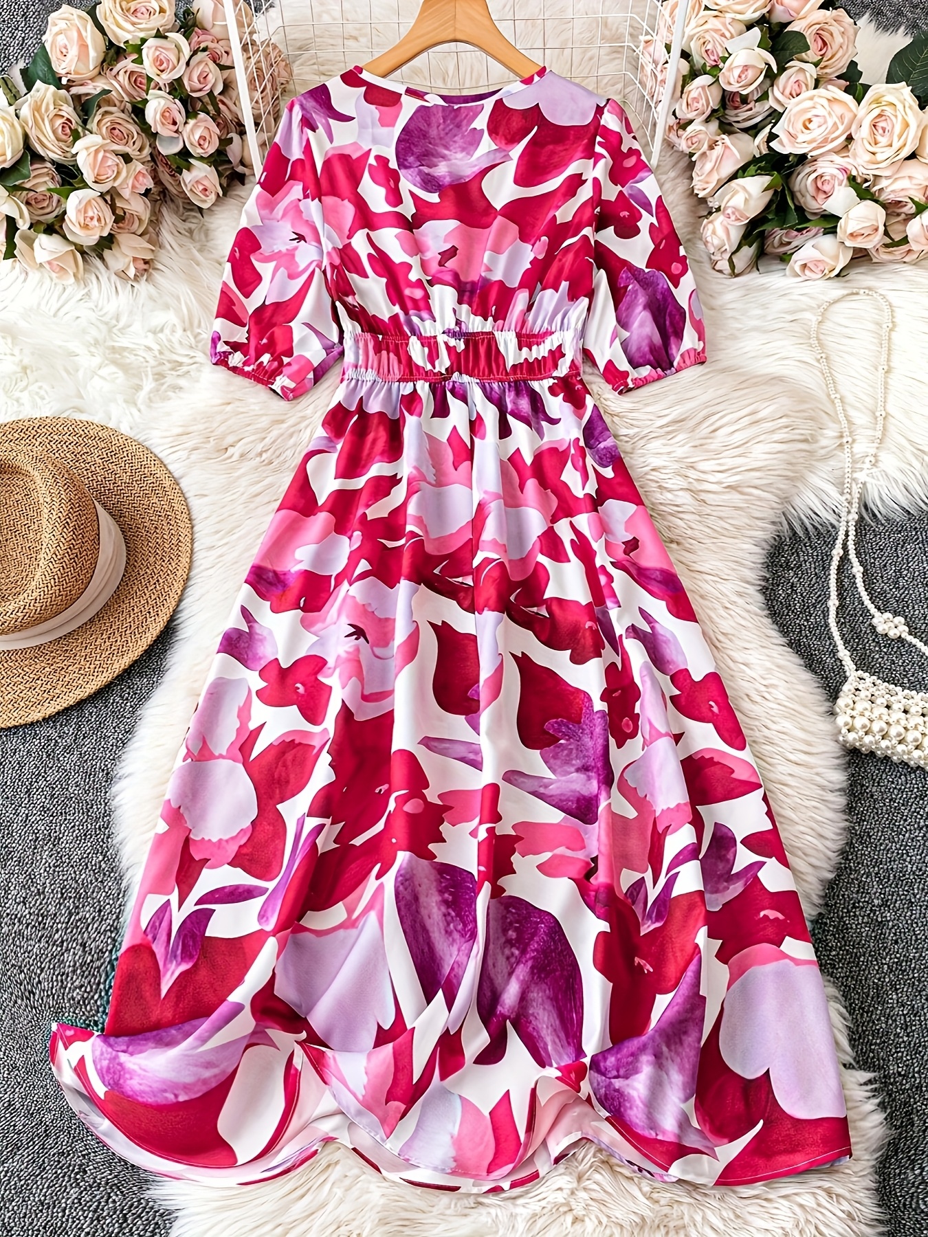 womens floral print maxi dress elegant v neck floral beach Temu