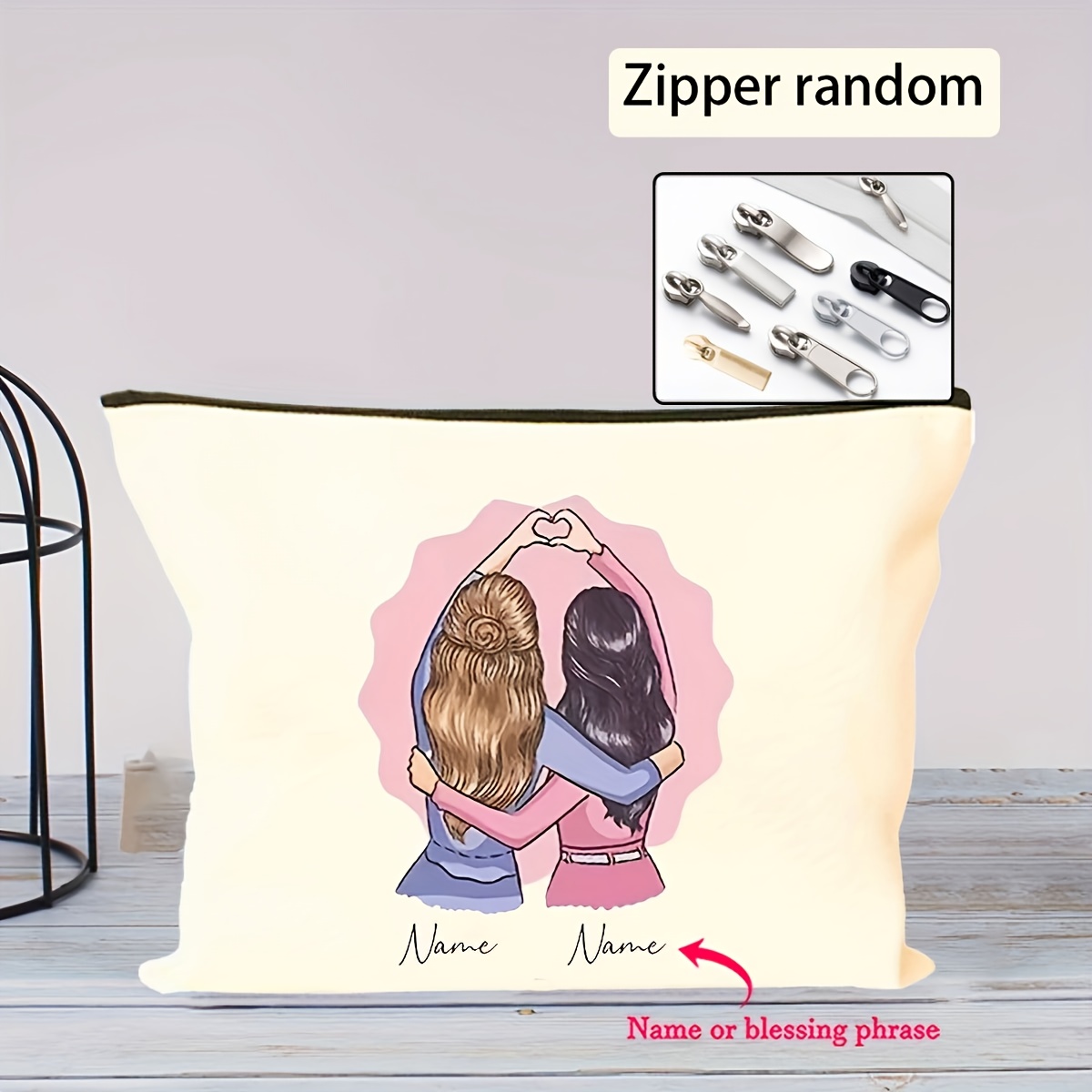 TEMU A Bestie "hand Heart" Double-sided Printed Makeup Bag, A Stylish And Personalized Customizable Name Pouch, A Portable Travel Toiletry Bag With