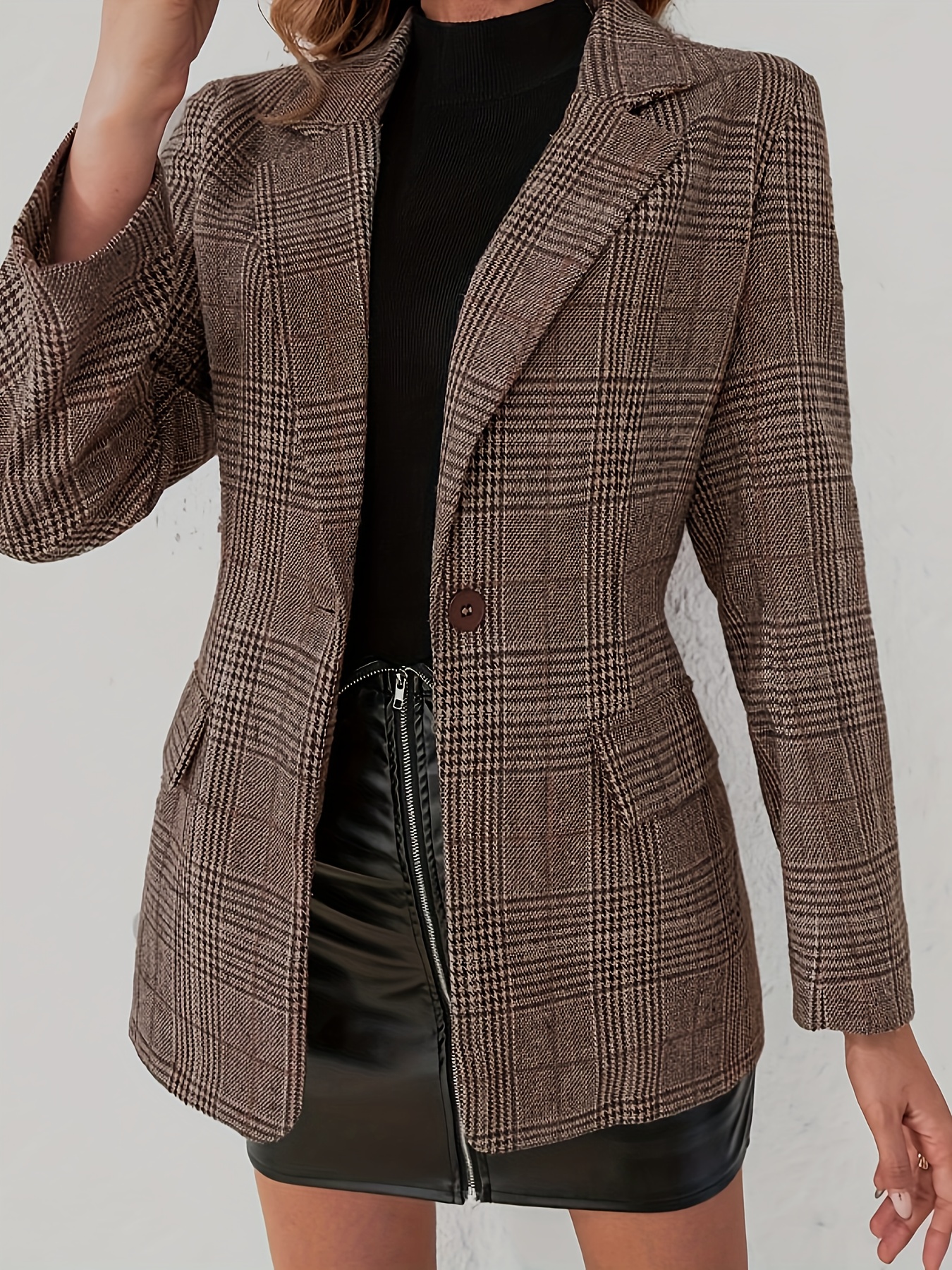 Plaid Pattern Single Breasted Lapel Blazer, Elegant Long Sleeve Blazer For Work & Office, Women's Clothing