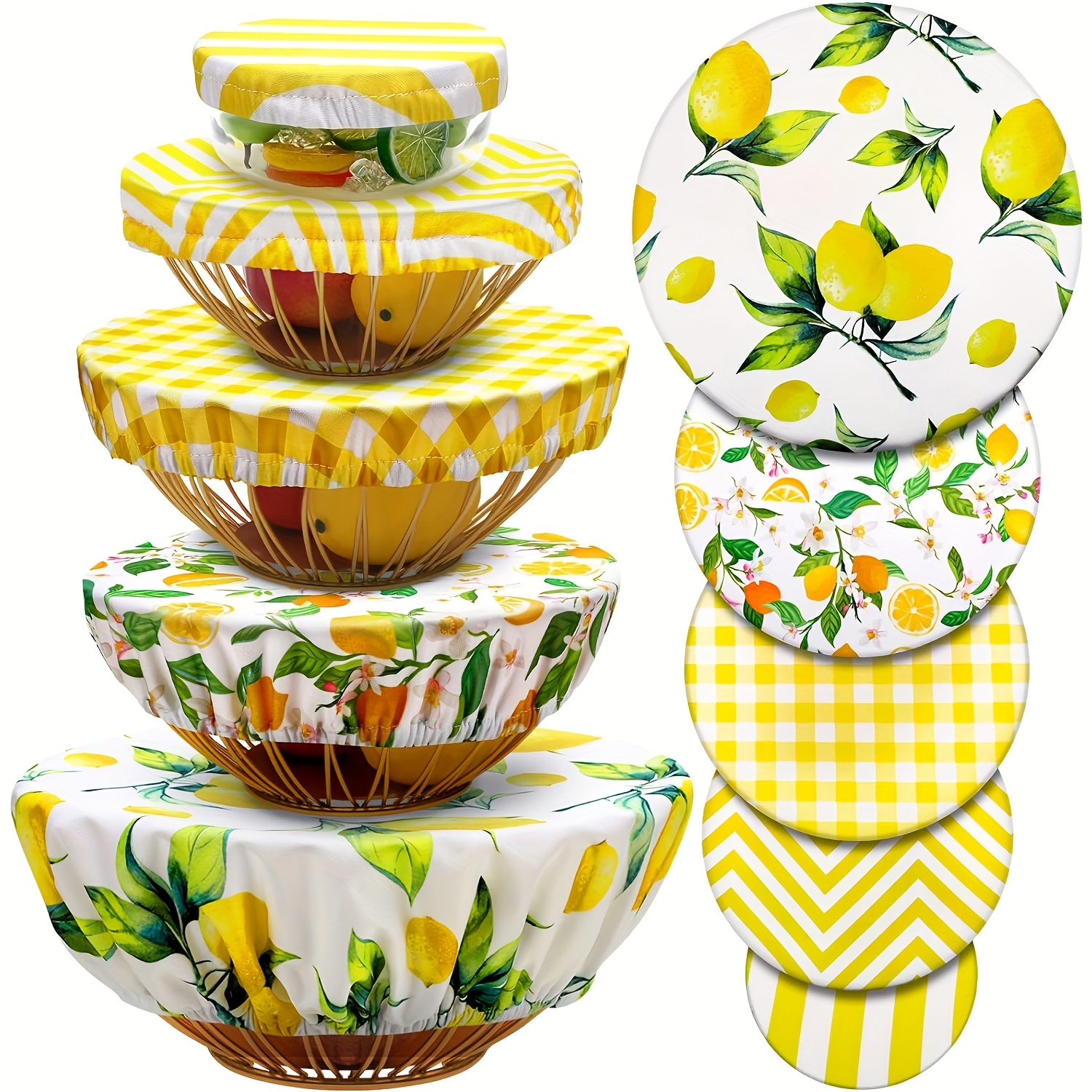 Image of 5pcs Bowl Covers Reusable In 5 Sizes Stretch Cloth Fabric Elastic Food Storage Bread Lids For Food, Fruits, Leftovers (summer Flower Lemon Style)