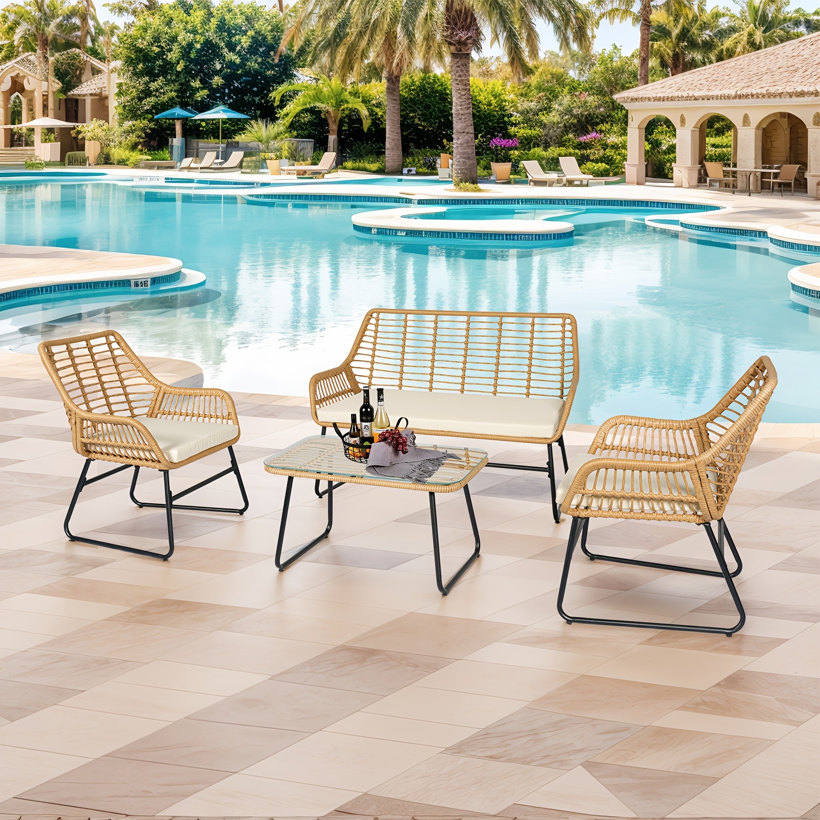 4pcs Outdoor Patio Furniture Collection • Rattan Bistro Set Featuring Cushions & Table • Wicker Loveseat for Conversations in Your Backyard, Balcony, Or Garden