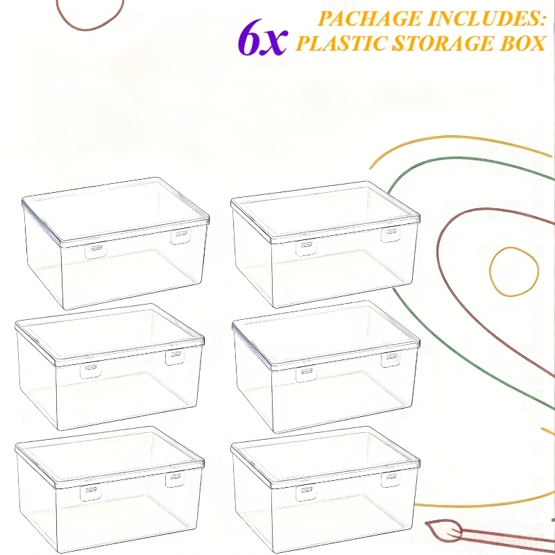 6pcs Stackable Transparent Plastic Storage Box With Lid - Durable Handcrafted Organizing Box For Crafts & Office Supplies | Clear Container Suitable For Shelves And Small Spaces, , Secure Sealing