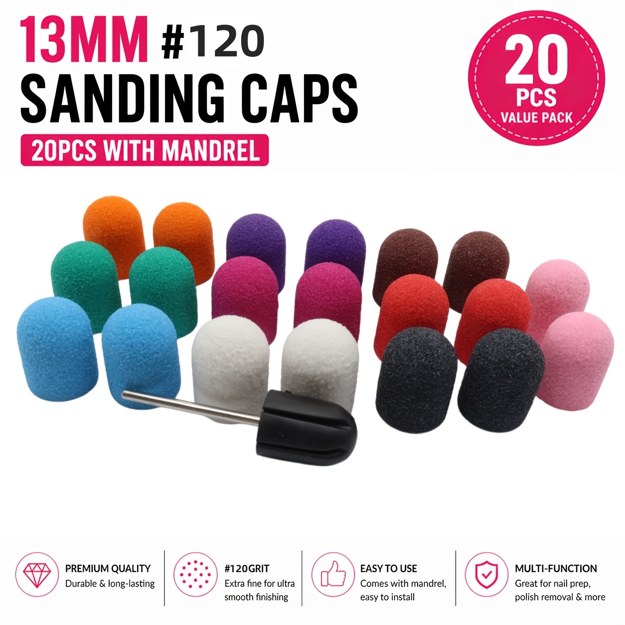 TEMU 20pcs 13mm Mixed Color Nail Sanding Caps With - Sanding Bands 80/120/180 Grit, Professional Manicure Pedicure Drill Bits For Removal Nail Art