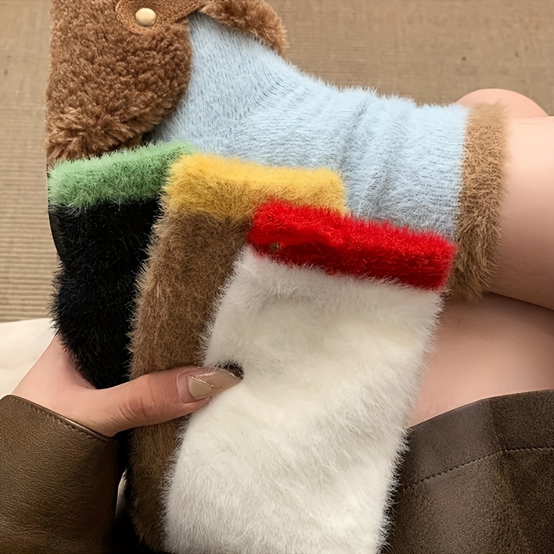 

4pcs Cozy Fluffy Women's Socks With Trim - Vintage Style Soft Sleep Floor Socks, Ideal For Fall & Winter, Polyester & Spandex , Machine Washable, Cute Socks