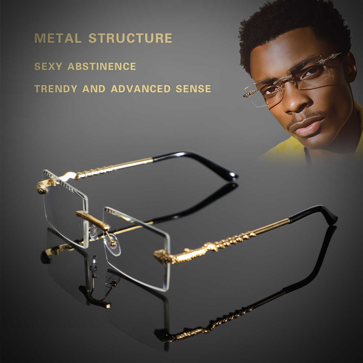 

1 Pair Men's Retro Rimless Metal Blue Light Blocking Glasses - Black Rectangular Frame With Golden-tone Temples, Stylish & Functional For Daily , Business, Home, And College Use