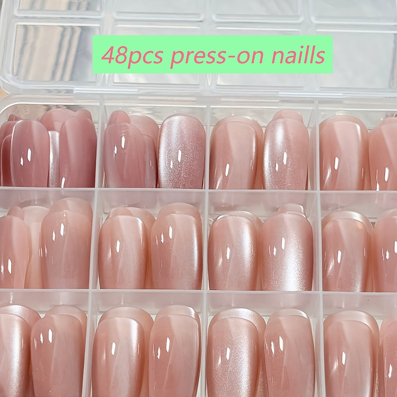 TEMU 48pcs/box Short Size Square Cat Eye Press-on Nails High-end Elegant Shiny Natural Naked Pink Cat Eye Fake Nails Summer Women's Wearable Nail