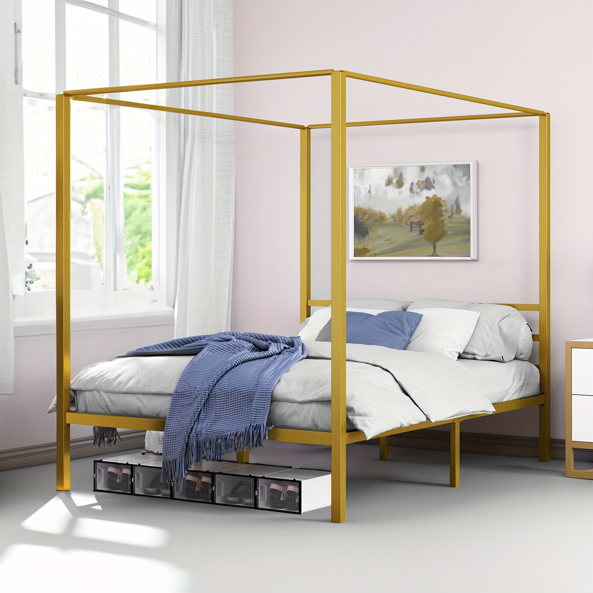 

Quoyad Metal 4 Poster Canopy Bed Frame 14 Inch Platform With Built-in Headboard Strong Metal Slat Mattress Support, No Box Spring Needed, Gold, Queen Size