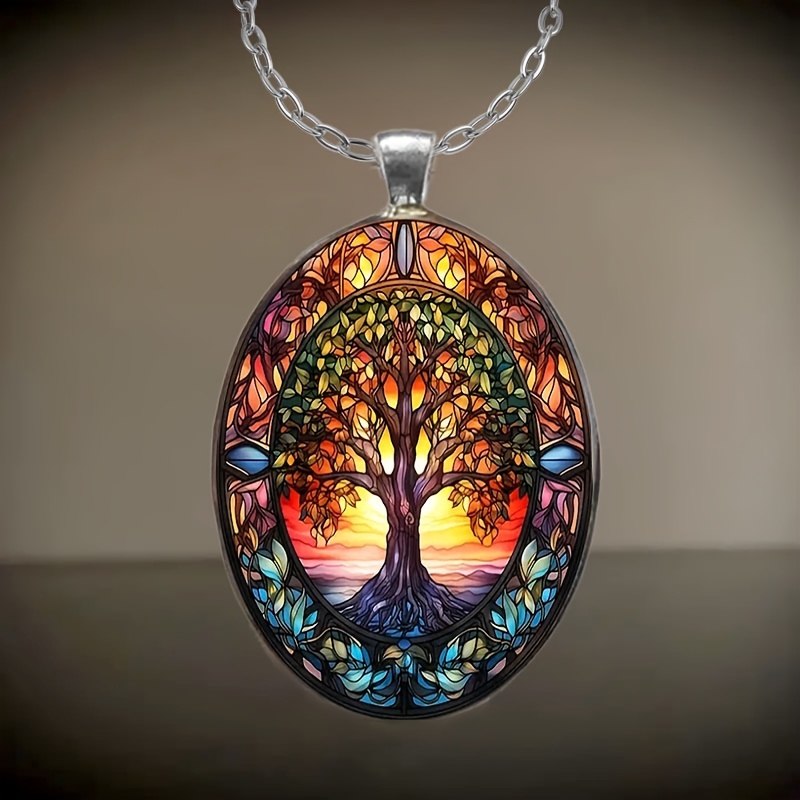 

1pc Fashion Elegant Tree Of Life Pattern Oval Glass Necklace Romantic Gift Jewelry