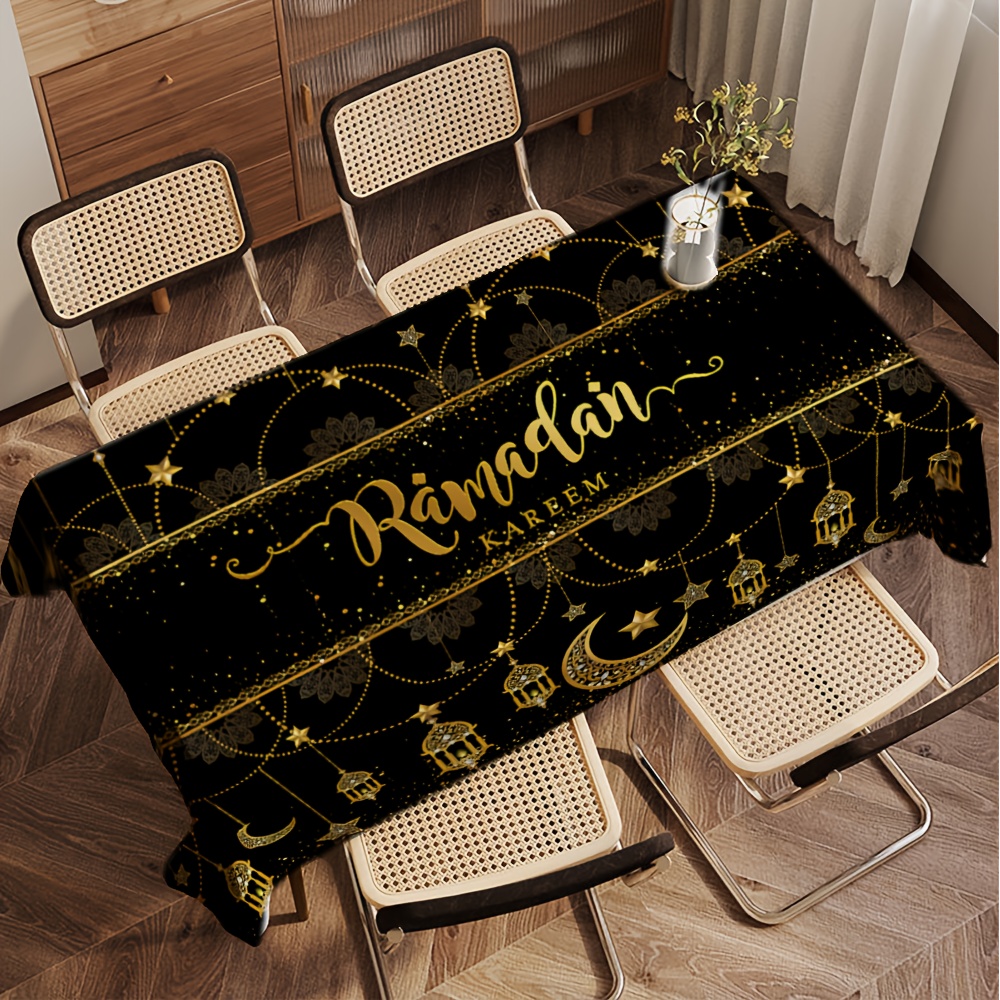 

1pc Ramadan Polyester Tablecloth, Black And Golden Eid Al-fitr Themed Machine Made Decor, 204cm X 153cm, Ideal For Family Gatherings And Surprise Parties