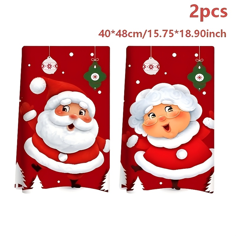 TEMU 2pcs, Torchons de cuisine rouges de Noël, Père Noël, Madame Noël et torchons à de boules de Noël, chiffons à vaisselle pour la décoration de