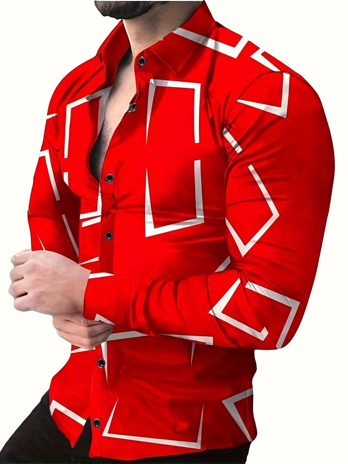 Stylish Geometric Print Long Sleeve Button Shirt - Fashionable, Versatile, and Comfortable - Perfect for Dates, Beach Holidays, and as Gifts