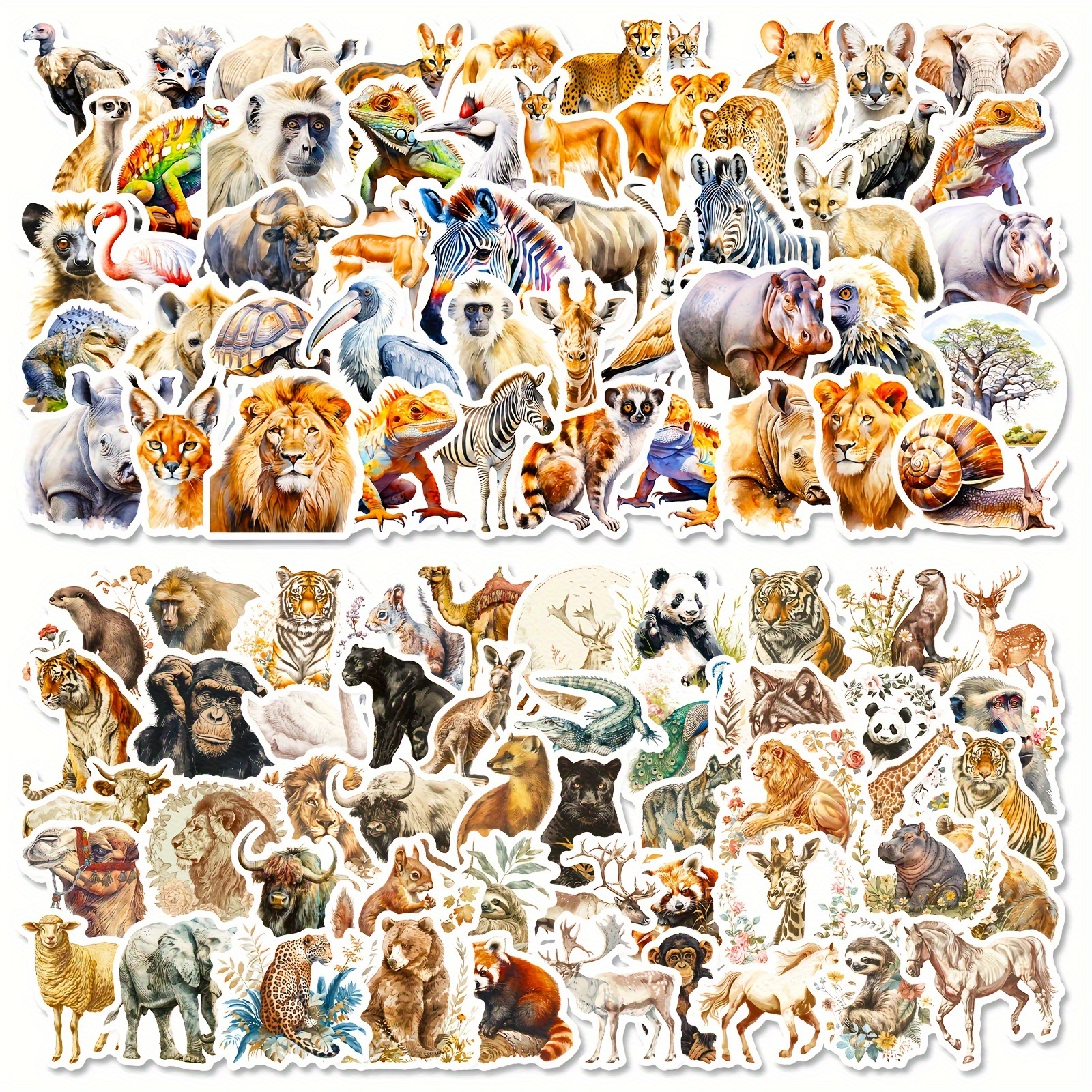 Image of 100pcs African Wildlife Stickers Book - Non-repeating Realistic, Elephant, Giraffe, & Doodle Animals - Collection For, Teens,,, Zoo Crafts, Scrapbooking (no Repetitions)
