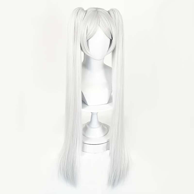 Image of A Versatile Anime Wig For Everyone: Silvery-white Short Hair With Twin Tails And Long Straight Hair, Easy To Style, Suitable For Cosplay And Party Gatherings.