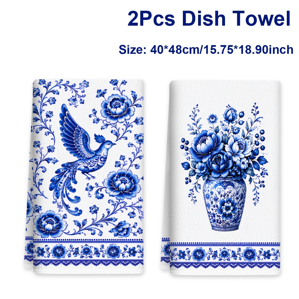 TEMU 2pcs, Blue And White Floral Kitchen Towels, Floral, Bird And Porcelain Patterns Dish Towels, Elegant Blue Dishcloths For Drying Dishes And