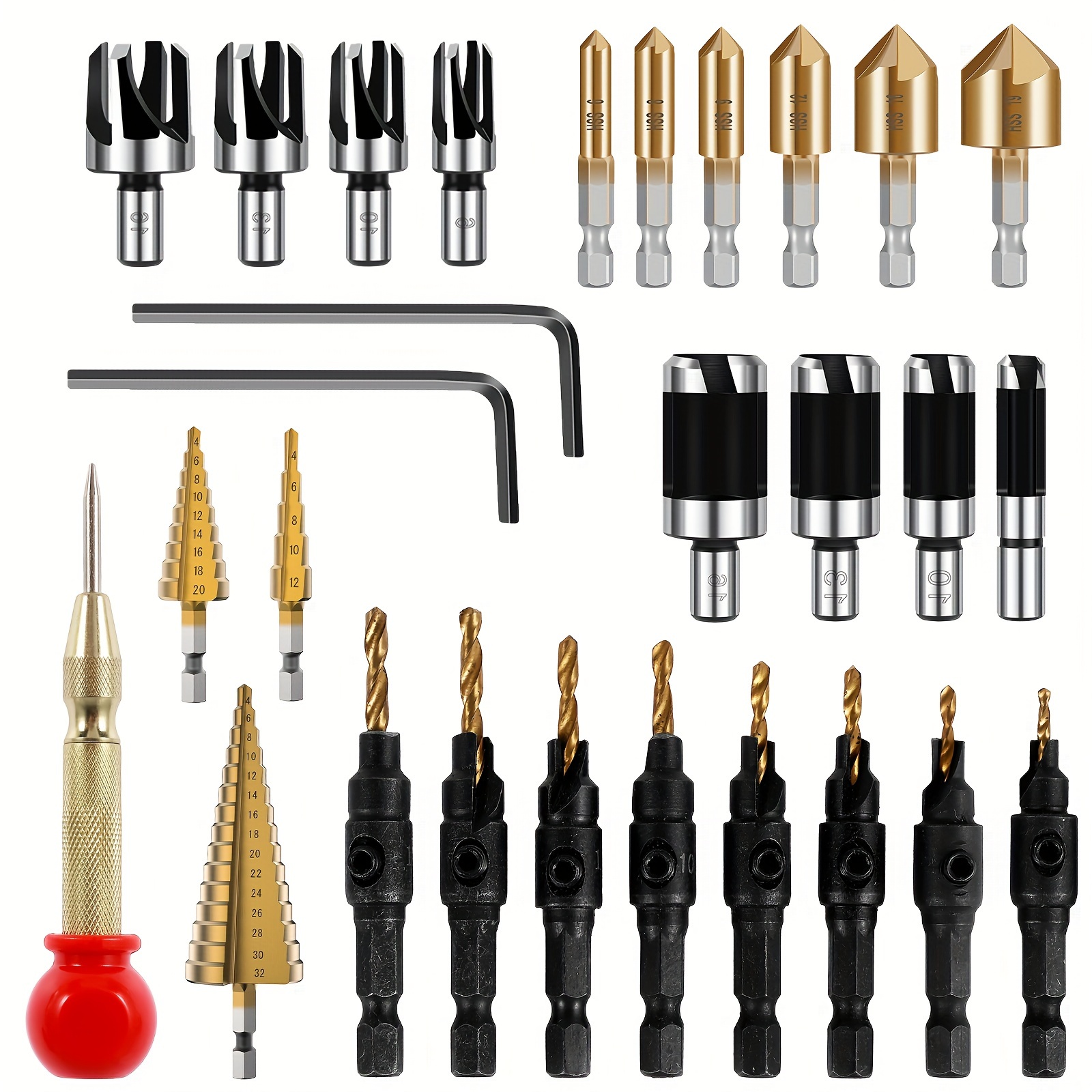 

28pcs Woodworking Chamfer Drilling Tool Kit With 8pcs Wood Plug Cutter Drill Bit 3pcs Step Drill Bit 1pc Center Punch 6pcs 5 Flute Countersink Drill Bit 8pcs Countersink Bit 2pcs L-wrench