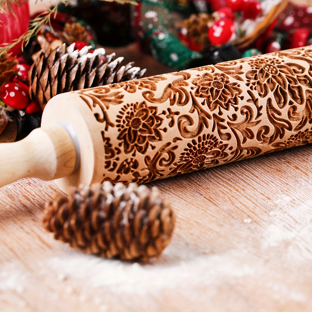 

1pc Embossed Rolling Pin With Lotus Pattern - Wooden Engraved Roller For Flower Patterned Cookies, Pastry Embossing - Ideal For Christmas, Thanksgiving, Valentine's Day Baking, Pottery Gifts