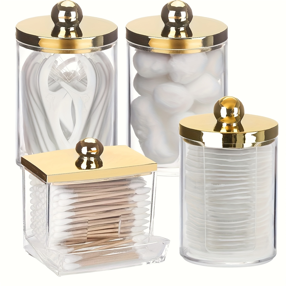 Image of Qtip Holder Bathroom Container 10/7oz Cotton Ball Cotton Swabs Pads Dispenser Apothecary Jar With Golden Lids Organizer Storage, Canisters