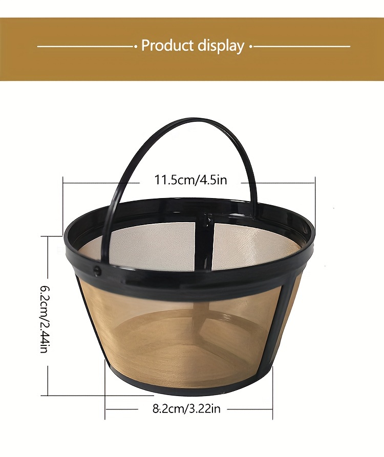 golden stainless steel reusable coffee filter basket 8 cup capacity round drip style for   use details 1