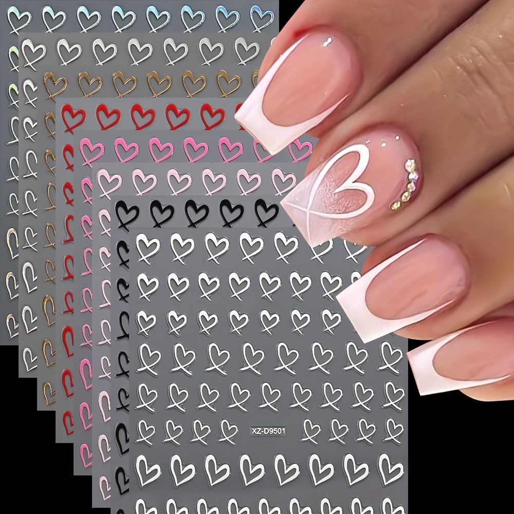 8pcs 3d Metallic & Neon Heart Nail Stickers - Self-adhesive Gel Polish Sliders With Glittery Hearts, (golden, Silvery, Red, Pink, Black, White) For Valentine's Day