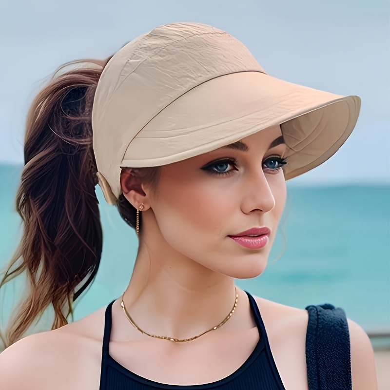 [3 Colores Disponibles] Sombrero de Sol Transpirable para Mujer, Ala Ancha, Visera Puntiaguda Abierta, Ideal para Colas de Caballo