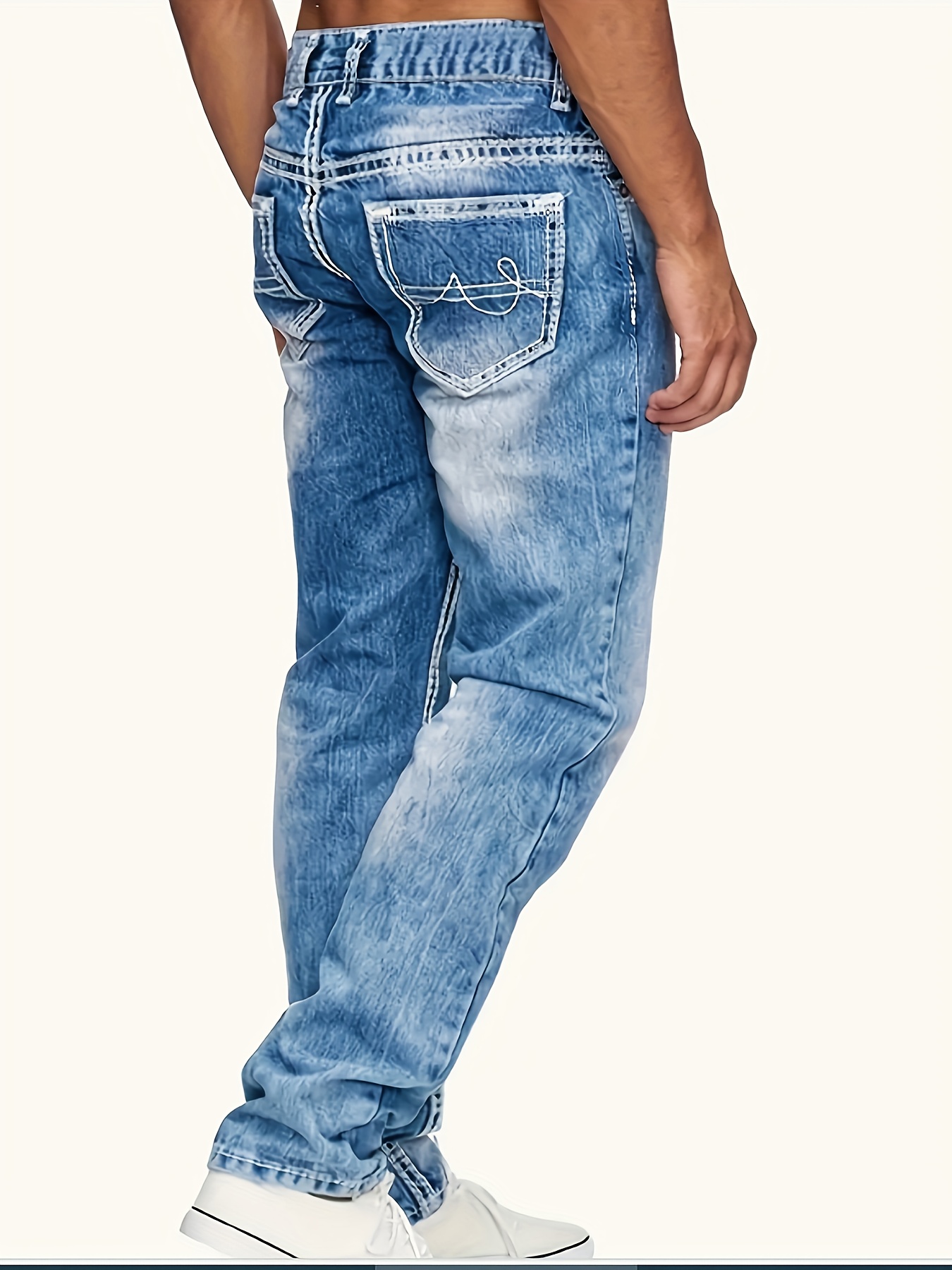 Plus Size Men's Fashion Stretch Jeans with Embroidered Detailing - Casual, Comfortable Denim in Blue with Pockets, Machine Washable, Plus Size Jeans, PLUS SIZE