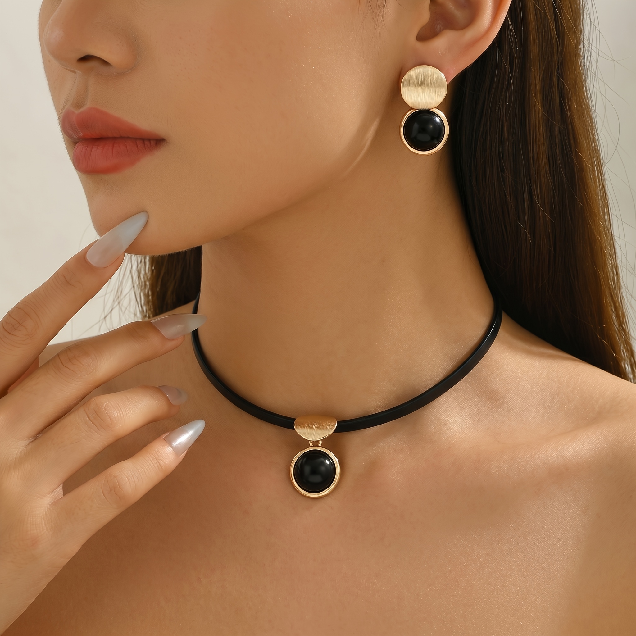 TEMU 2pcs Set Autumn/winter Vintage Geometric Striped Round Acrylic Semi-circle Pendant Necklace And Stud Earrings Women's Jewelry Set, Daily