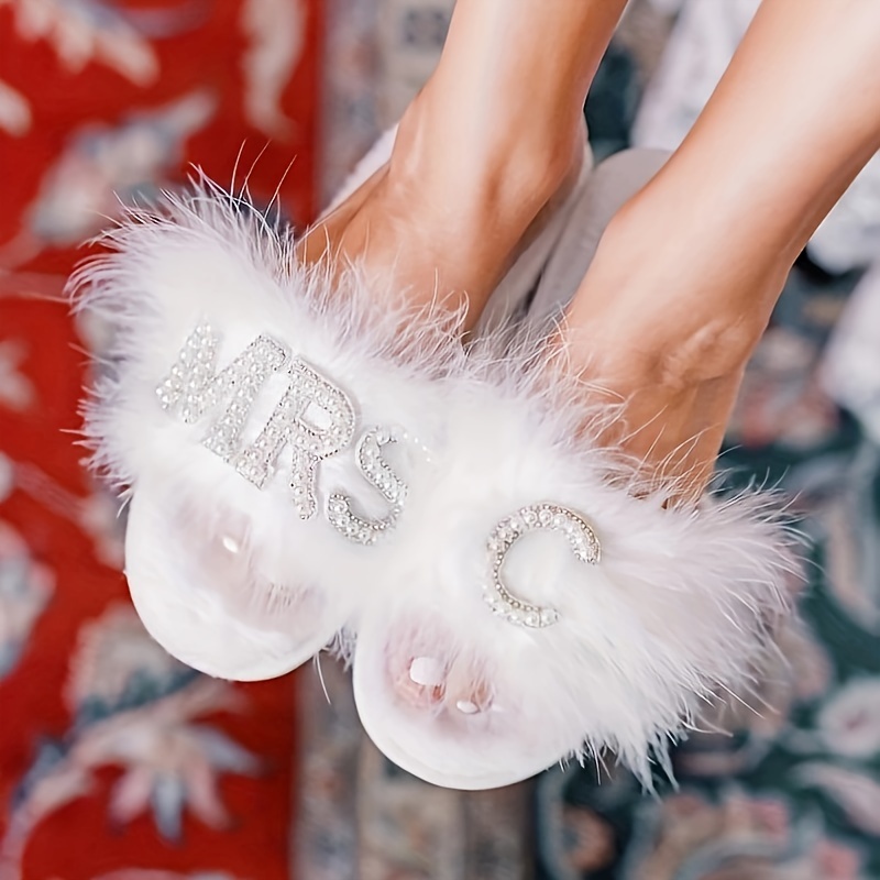 TEMU Pantofole da sposa con in strass - Ciabatte personalizzabili "I Do" con accenti di perle, foderate in tessuto, suola in gomma, lavabili a