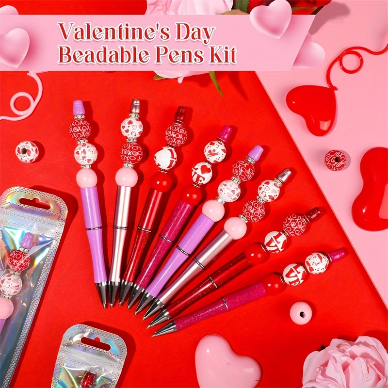 

108pcs Valentine's Day Beaded Pens Round Beads Package Bags Set Diy Valentine's Day Gift Set Includes 12pcs Beaded Pens & 36pcs 16mm Round Wooden Beads & 40pcs Spacer Beads & 20pcs Bags