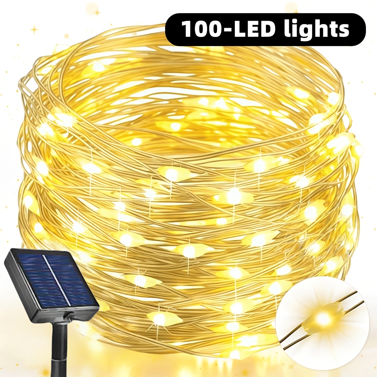 TEMU 1pack Solar Fairy Wire String Lights, Fairy Led Strip Lights, Ip54, Multiple Lighting Starry String Lights, Light Sensor, Suitable For Home,