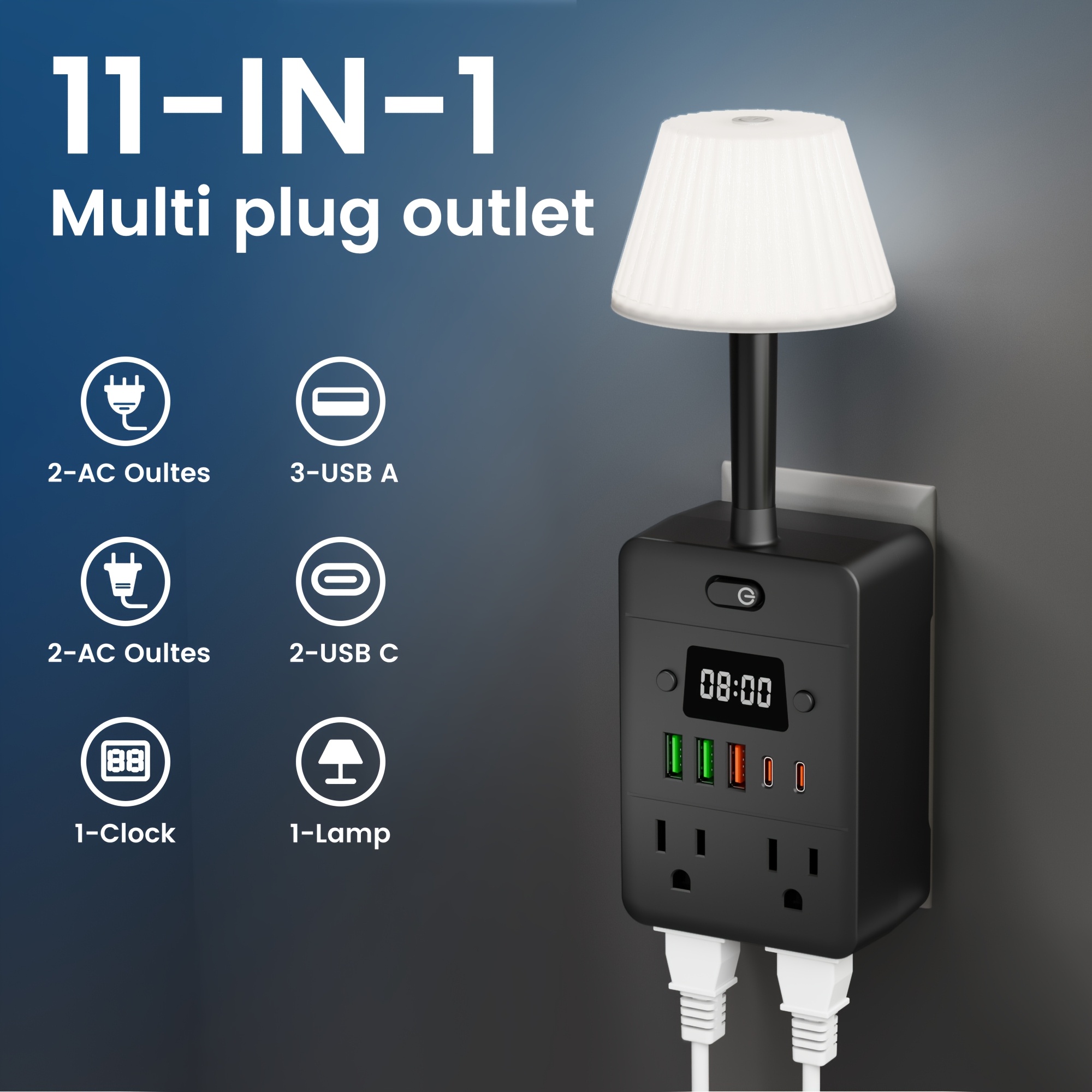 11-in-1 Multifunctional Power Strip with Overload Protection, Desk Lamp, Digital Clock, 4 Outlets, 3 USB-A, 2 USB-C, Wall-Mountable Charging