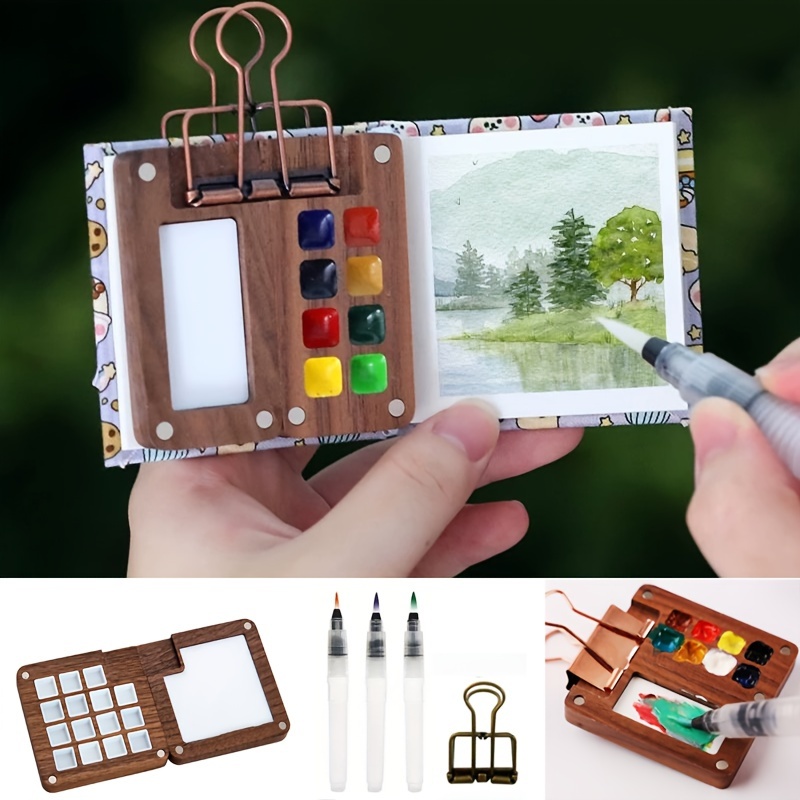 

5pcs/set Ins Style Mini Wooden Handmade Watercolor Paint Packaging Box Mini Drawing Board/water Pen/long Tail Clip Set Can Hold 8 Colors/15 Colors Does Not Contain Paint Empty Box
