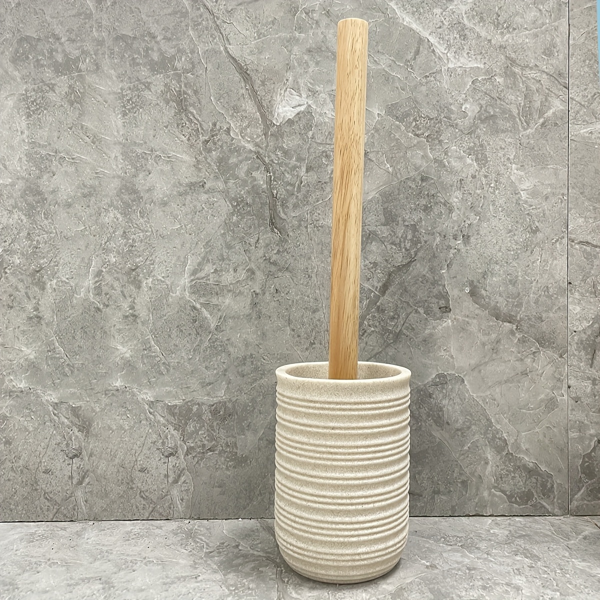 Water Transfer Print Nozzle, Beige Gravel Emulsion Bottle Mouth Cup, Toothbrush Holder, Toilet Brush with Wooden Handle, 4pcs Bathroom Set