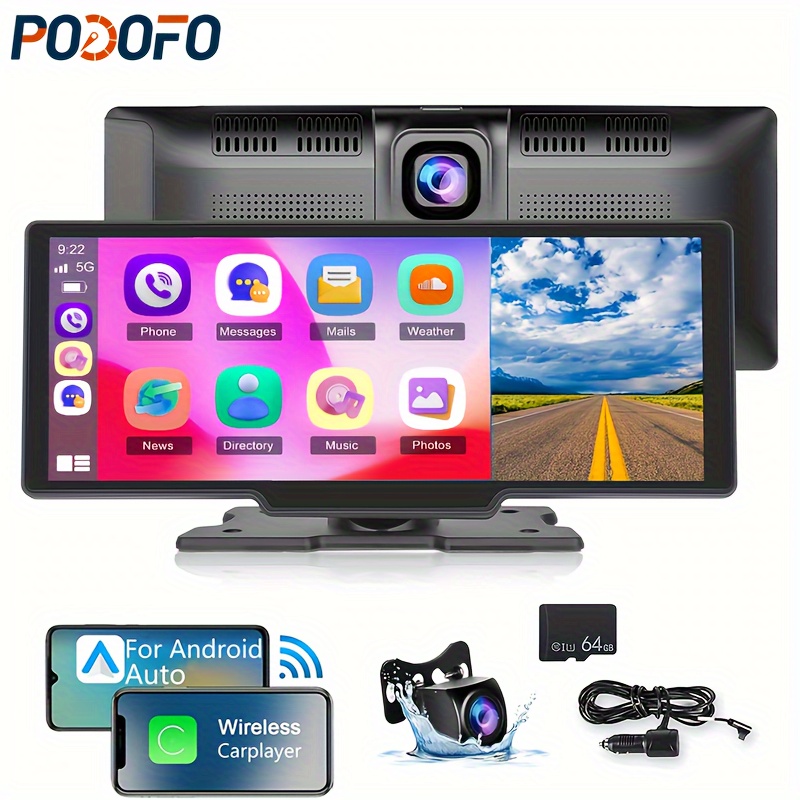 

Podofo 10.26'' Wireless Carplayer For Auto, Portable Car Stereo With 2.5k Dash Cam, 1080p Backup Camera, Car Play Navigation , Wireless Call/music, Aux/fm Transmitter, 64g Tf Card