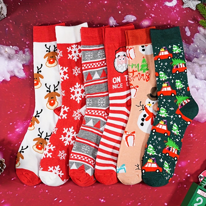 

6-pack Christmas Crew Stockings - Polyester Knit Fabric With 5% Elastane, Breathable And Sweat-absorbent, Featuring Santa, Reindeer, And Patterns, Ideal Gift For