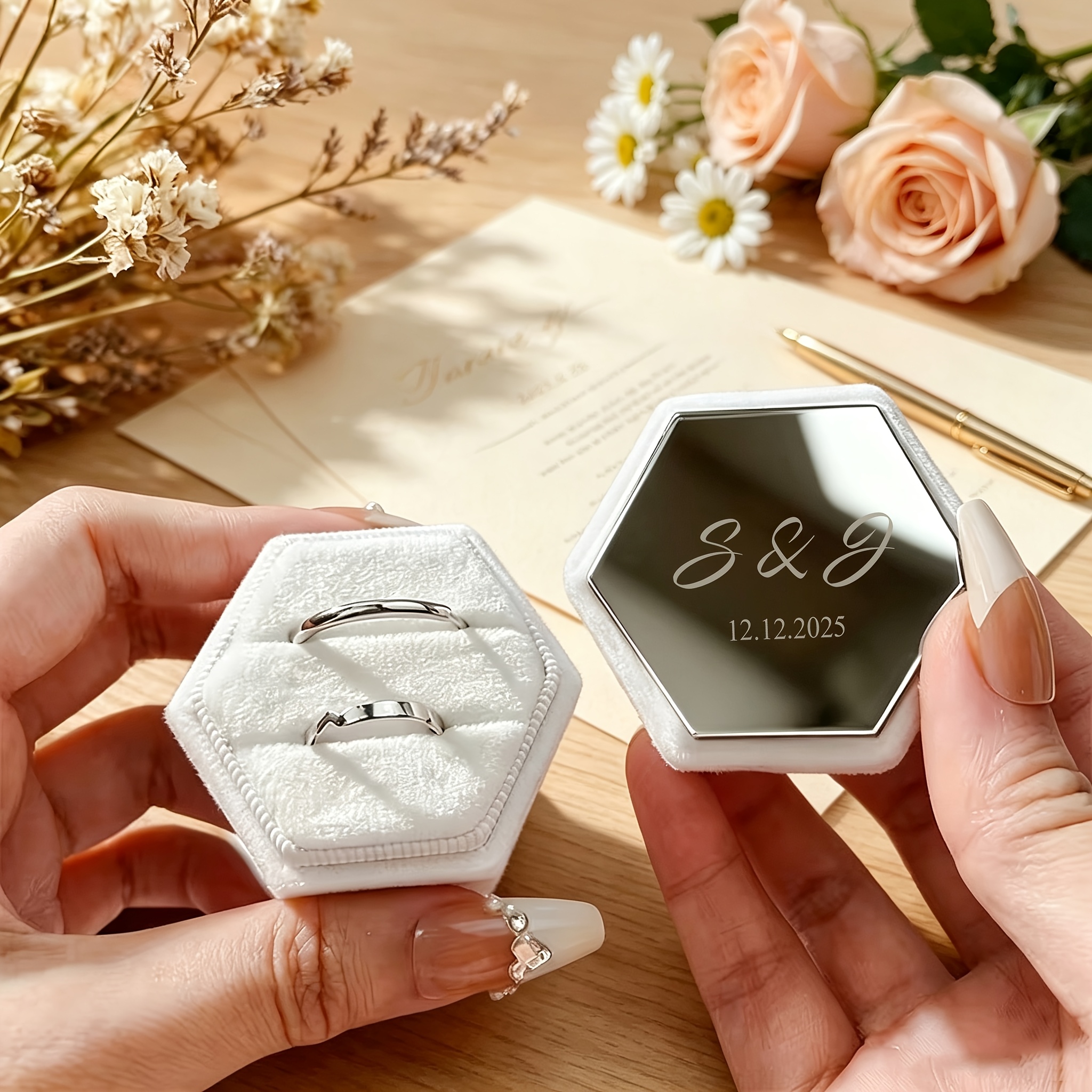 Personalized Hexagonal Velvet Ring Box, Custom Name and Date