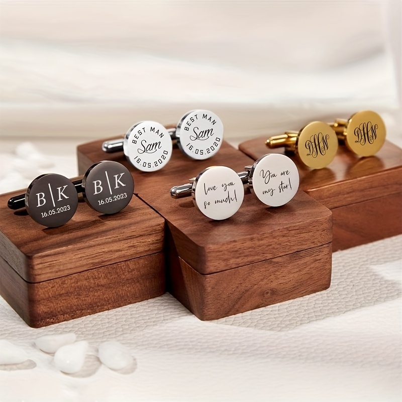 Engraved Cufflink Tie Clip Set with Walnut