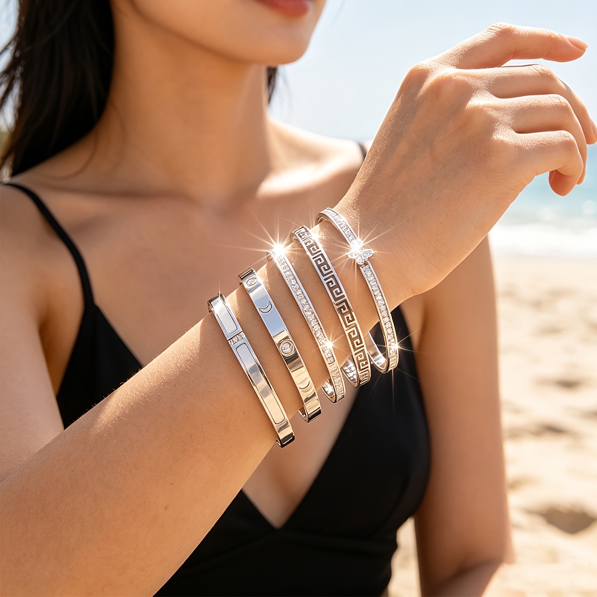 Stainless Steel Open Bangle Bracelet, Elegant White Element Design