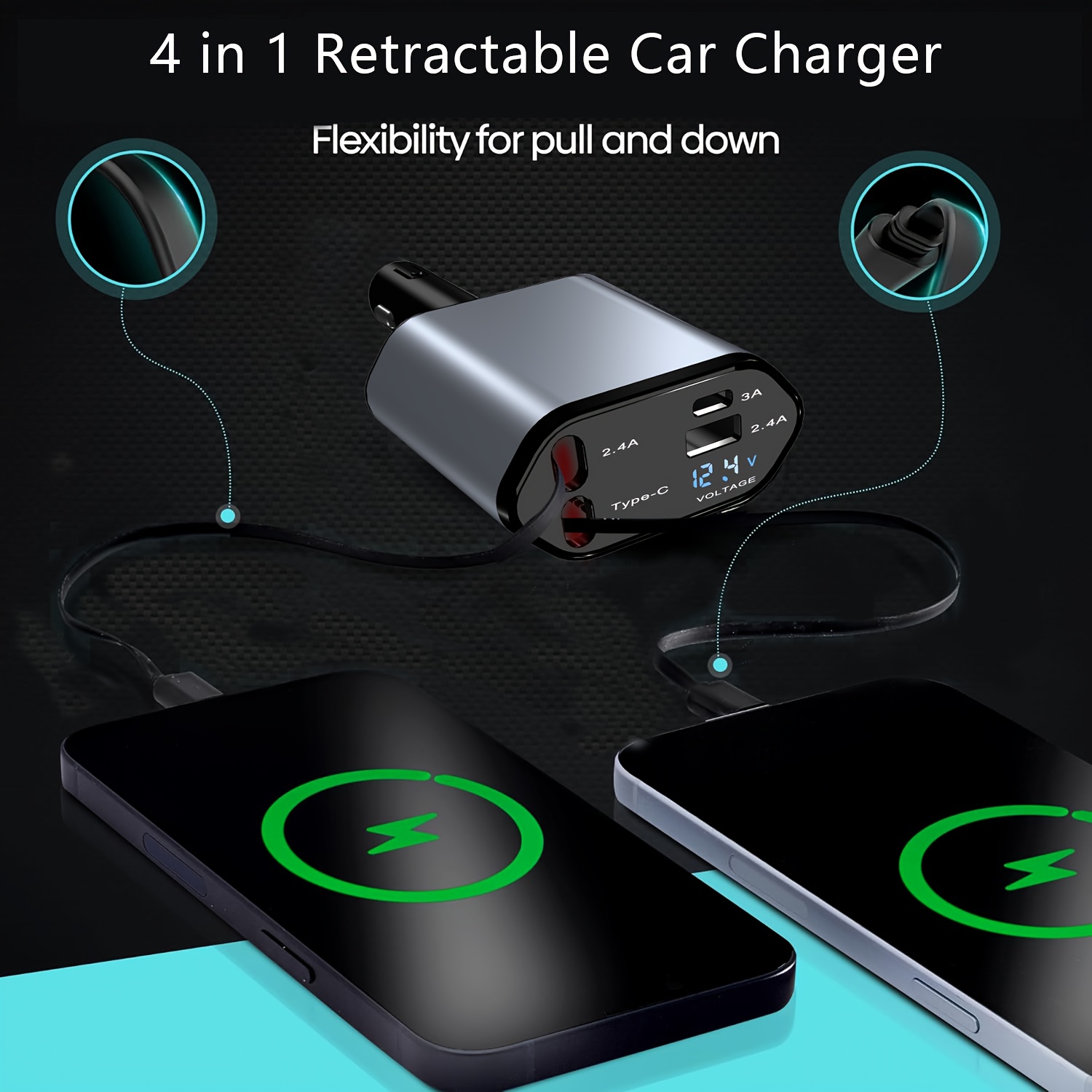 

Retractable , 4 In 1 Fast Car Phone Charger 100w Retractable Cables For Ios And Typec, Adapter, Compatible With Phone 15/15 Pro Max/14 Pro Max/13/12/11/ Galaxy S23/22, And For Pixel And More
