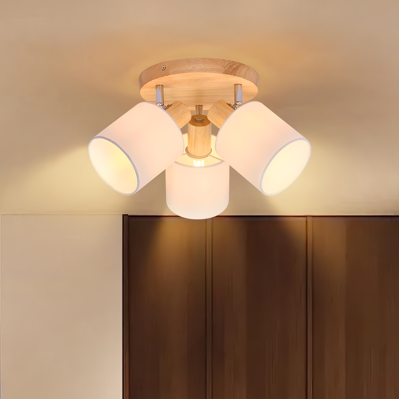 Image of Ceiling-mounted Light Fixture, 3-bulb Living Room Ceiling Light, Round Wooden Spotlight, Retro Swivel, 350°, Style For Bedrooms And Kitchens. Bulbs Not Included