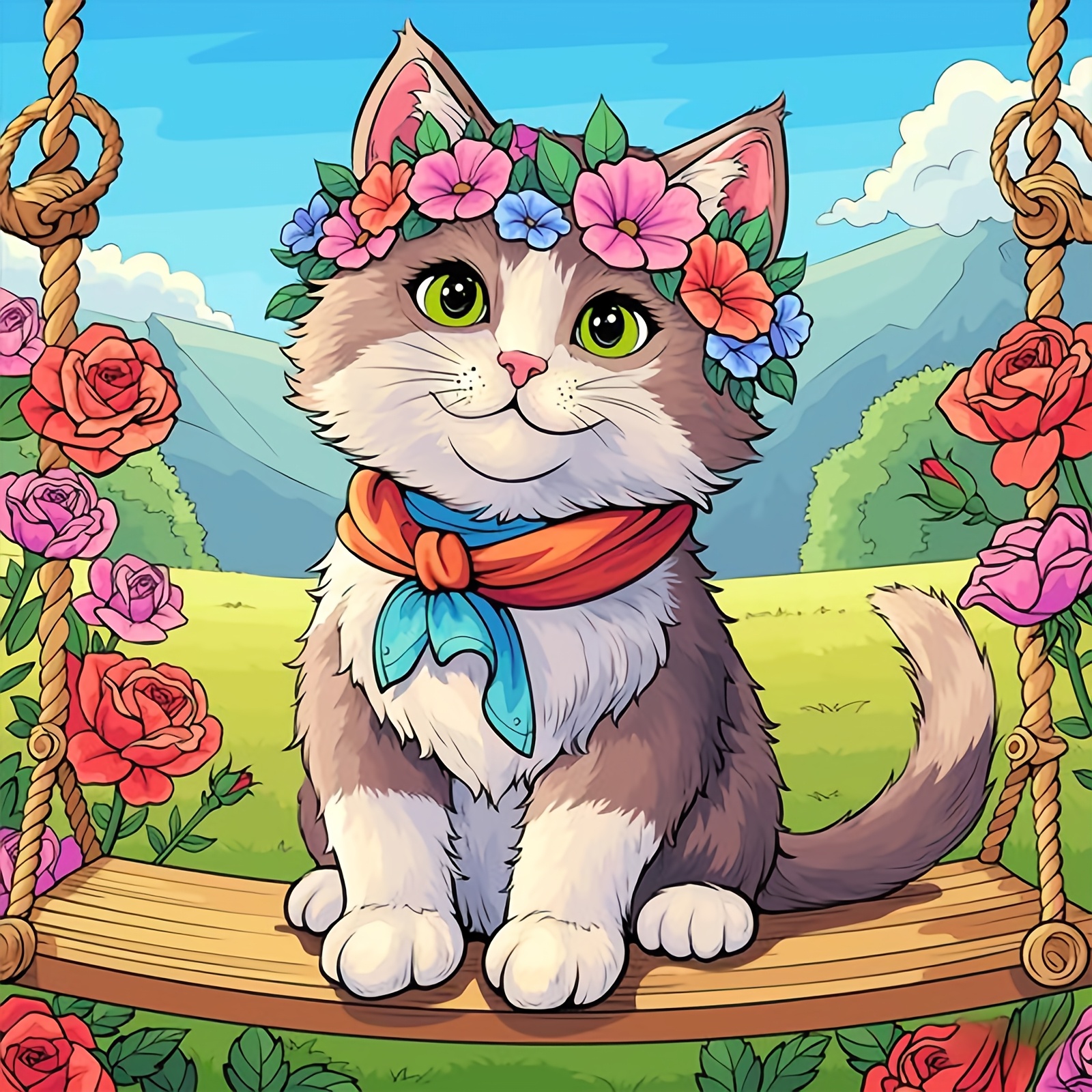 Cross-Stitch Kit, Kittens on a Swing with Flower Wreath