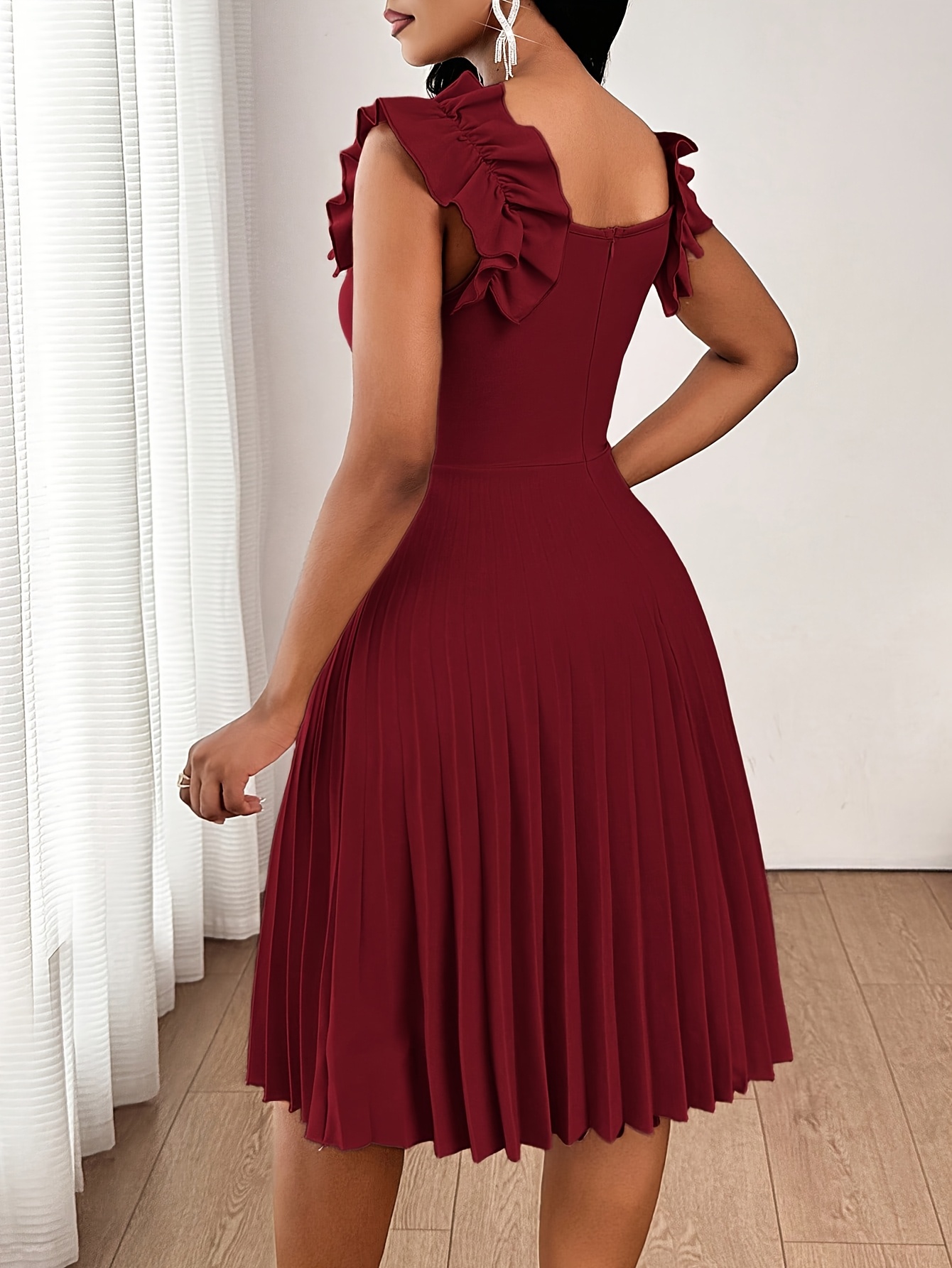 Elegant Wine Red Ruffle Dress | V-neck, Solid Color, Pleated Detail, Perfect for Back to, Formal or Semi-Formal Occasions, Festive Gatherings, and Daily Commute